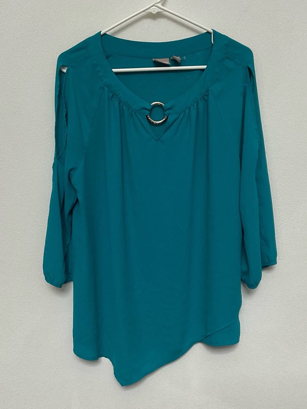 Chico's Blue Open Sleeve Silver Hoop Neckline Assymetrical Top Size 2 US L/12